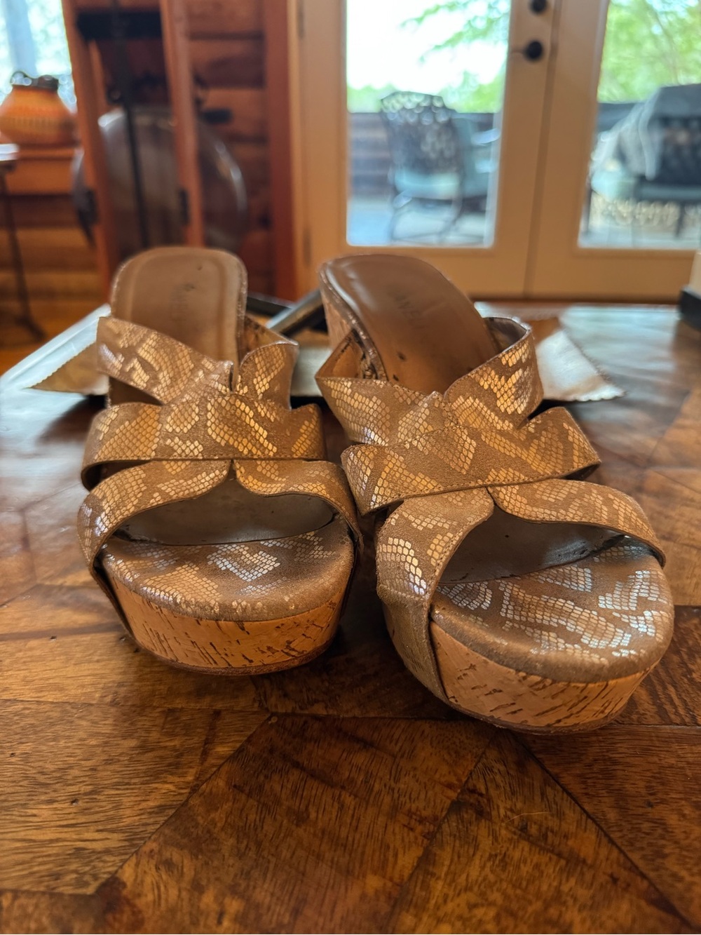 Vaneli Gold Metallic Snake-Print Cork Platform Sandals in NARROW
